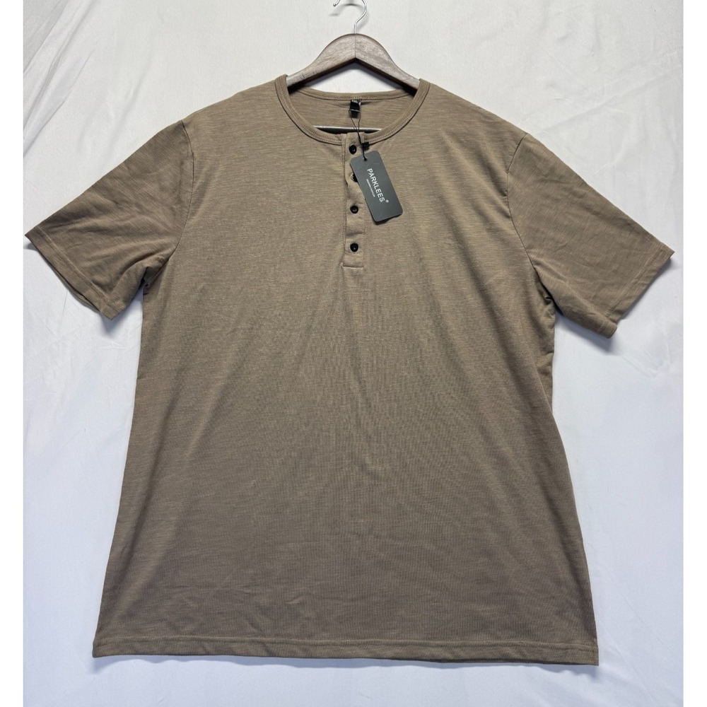 Parklees Shirt Mens 2XL Taupe Slub Texture Henley Neck 4 Button Placket Casual